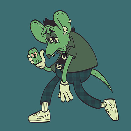 sad rat character holding a phone